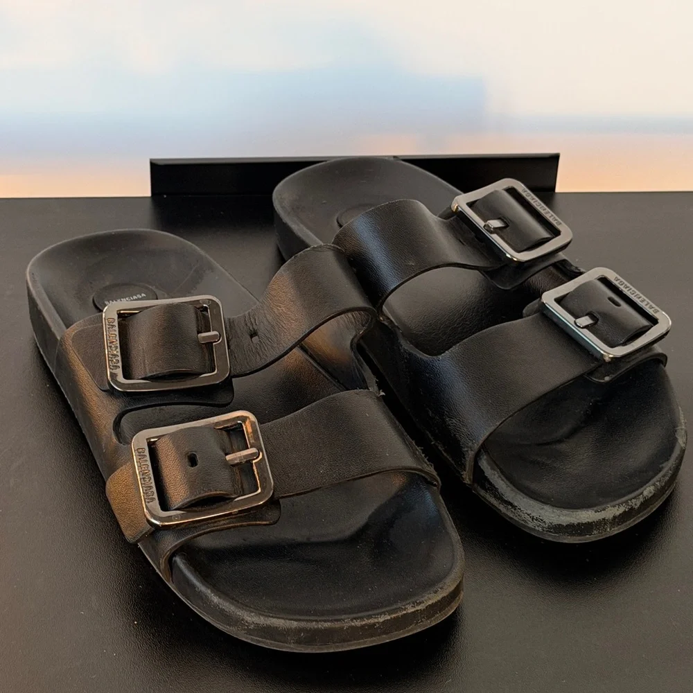 Balenciaga Black Leather Double Strap Buckle Slides - Picture 3 of 7